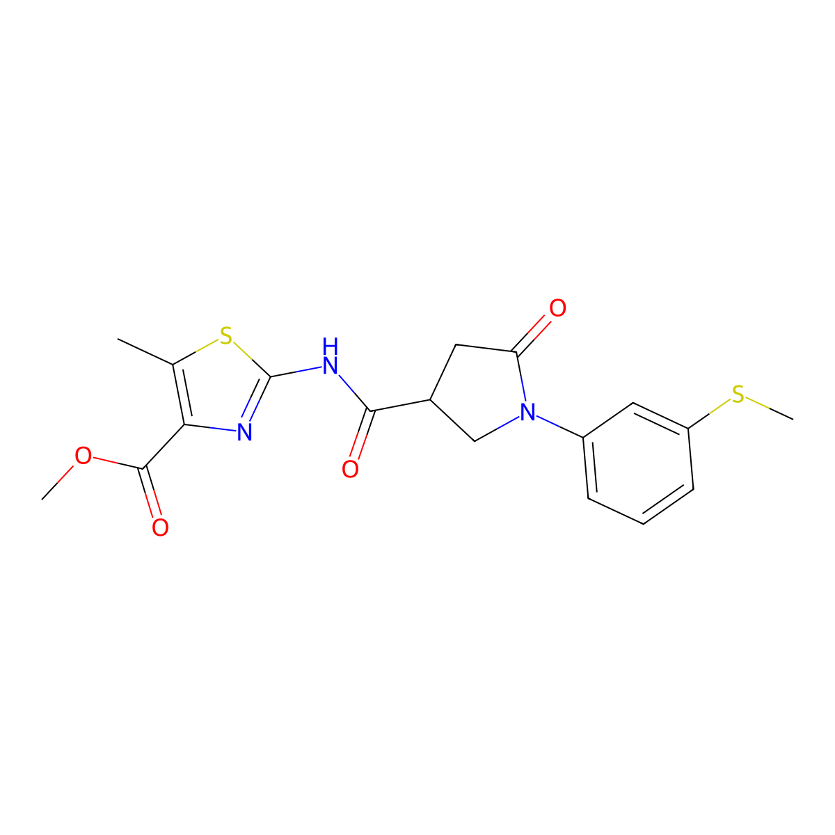 Methyl 5-methyl-2-[({1-[3-(methylsulfanyl)phenyl]-5-oxopyrrolidin-3-yl}carbonyl)amino]-1,3-thiazole-4-carboxylate molecular structure, CAS 1574465-76-1