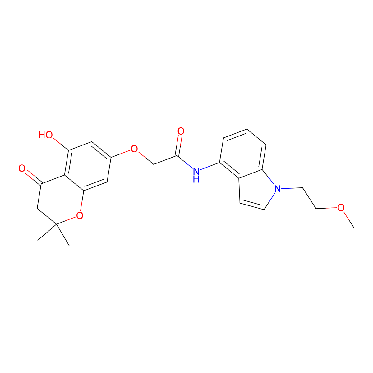 2-[(5-hydroxy-2,2-dimethyl-4-oxo-3,4-dihydro-2H-chromen-7-yl)oxy]-N-[1-(2-methoxyethyl)-1H-indol-4-yl]acetamide molecular structure, CAS 1574466-06-0
