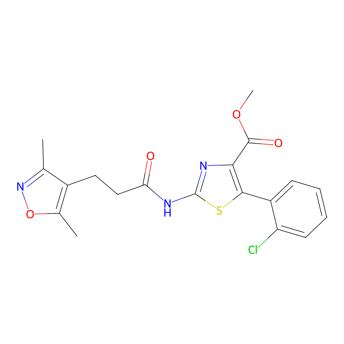 Methyl 5-(2-chlorophenyl)-2-{[3-(3,5-dimethyl-1,2-oxazol-4-yl)propanoyl]amino}-1,3-thiazole-4-carboxylate molecular structure, CAS 1574466-65-1