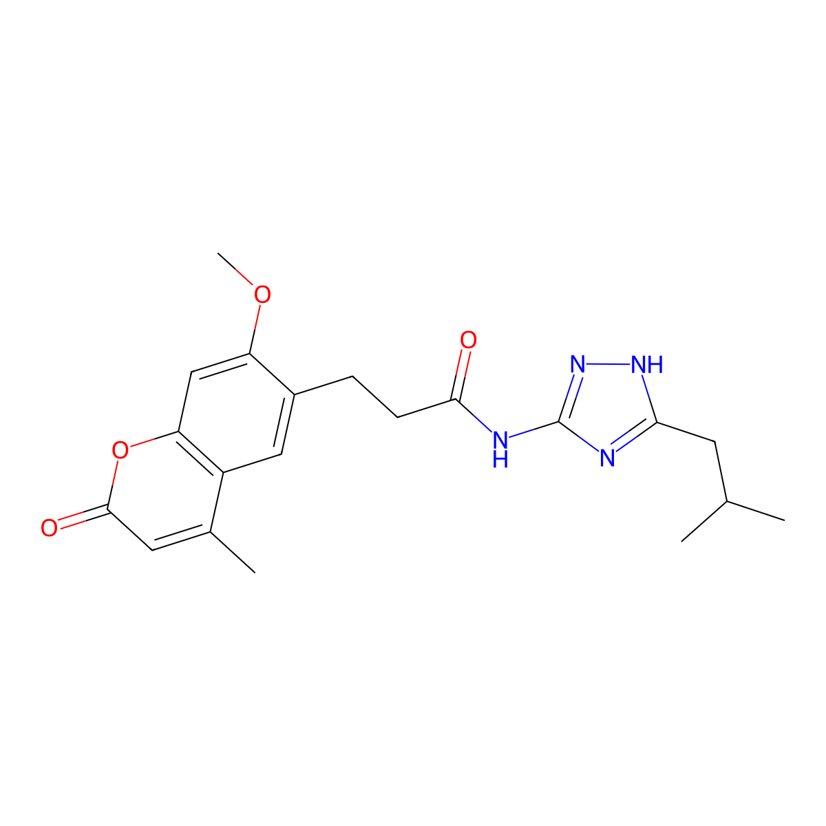 3-(7-methoxy-4-methyl-2-oxo-2H-chromen-6-yl)-N-[5-(2-methylpropyl)-1H-1,2,4-triazol-3-yl]propanamide molecular structure, CAS 1574466-75-3
