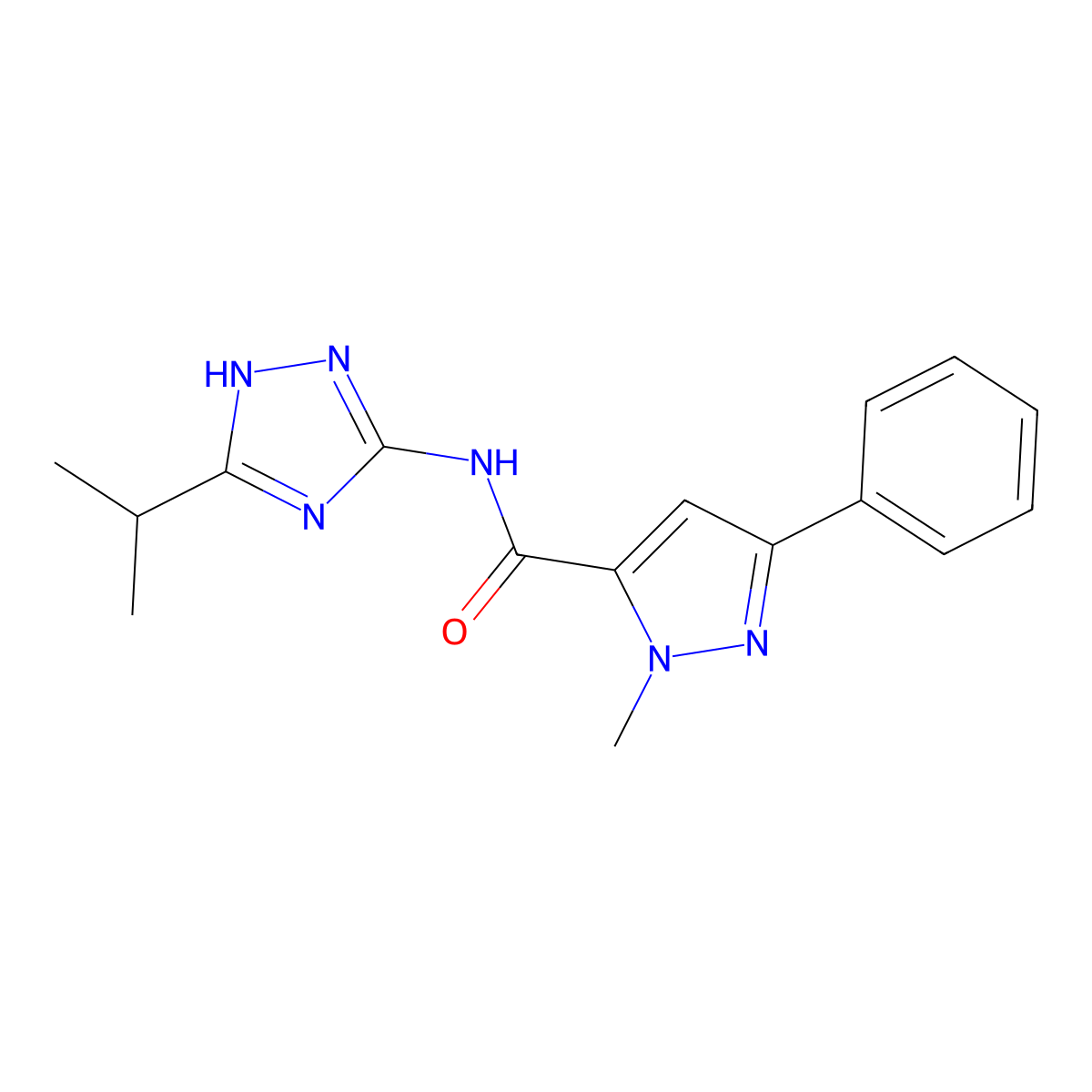1-methyl-3-phenyl-N-[3-(propan-2-yl)-1H-1,2,4-triazol-5-yl]-1H-pyrazole-5-carboxamide molecular structure, CAS 1574467-53-0