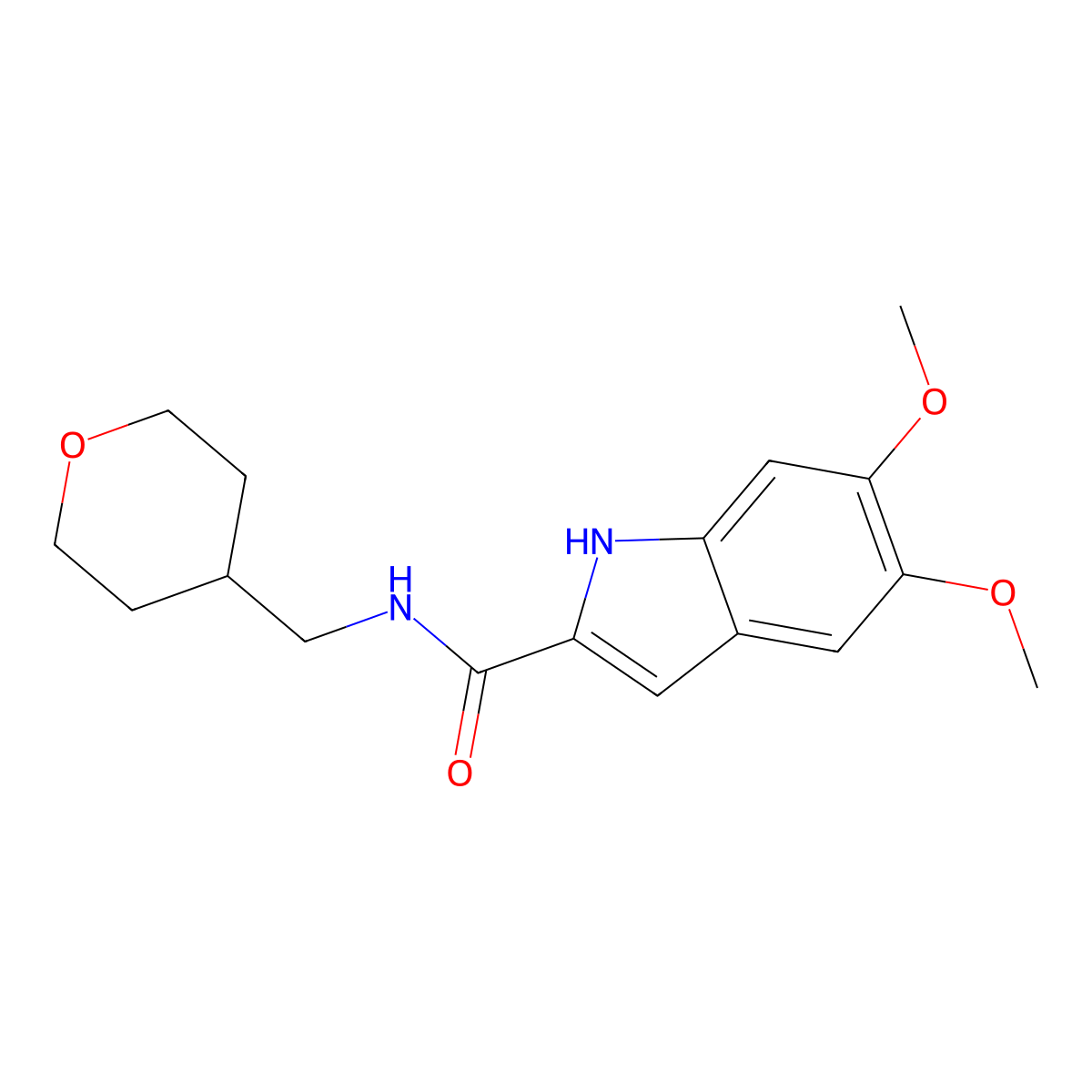 5,6-dimethoxy-N-(tetrahydro-2H-pyran-4-ylmethyl)-1H-indole-2-carboxamide molecular structure, CAS 1574467-59-6
