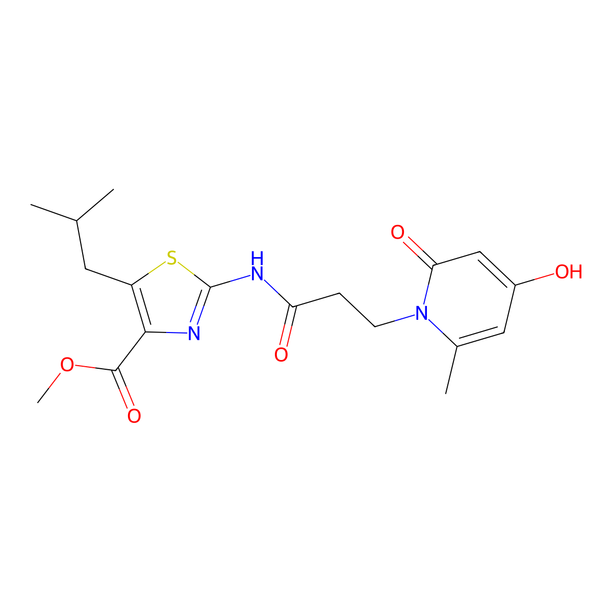 methyl 2-{[3-(4-hydroxy-6-methyl-2-oxopyridin-1(2H)-yl)propanoyl]amino}-5-(2-methylpropyl)-1,3-thiazole-4-carboxylate molecular structure, CAS 1574470-76-0
