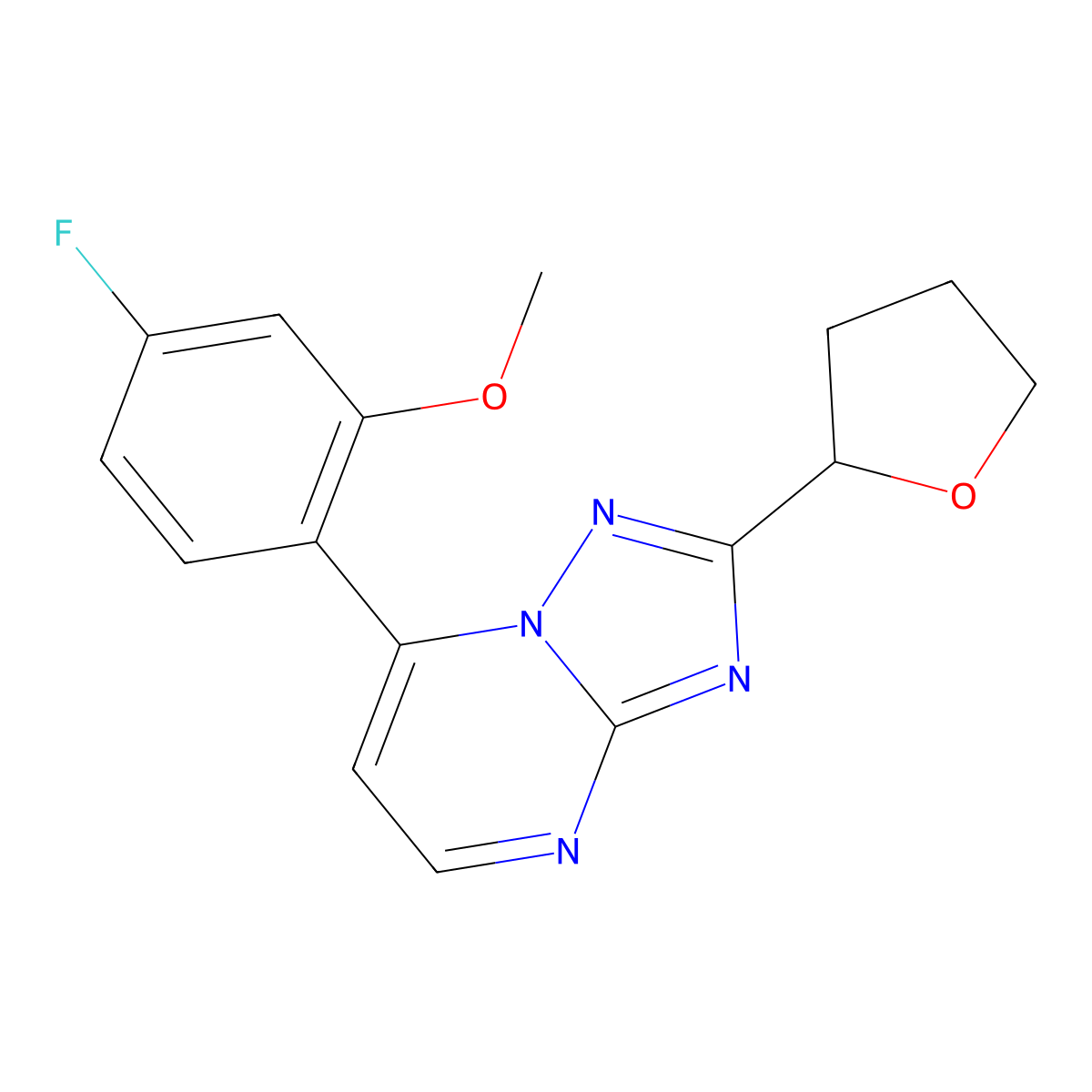 5-Fluoro-2-(2-tetrahydro-2-furanyl[1,2,4]triazolo[1,5-a]pyrimidin-7-yl)phenyl methyl ether molecular structure, CAS 1574470-79-3