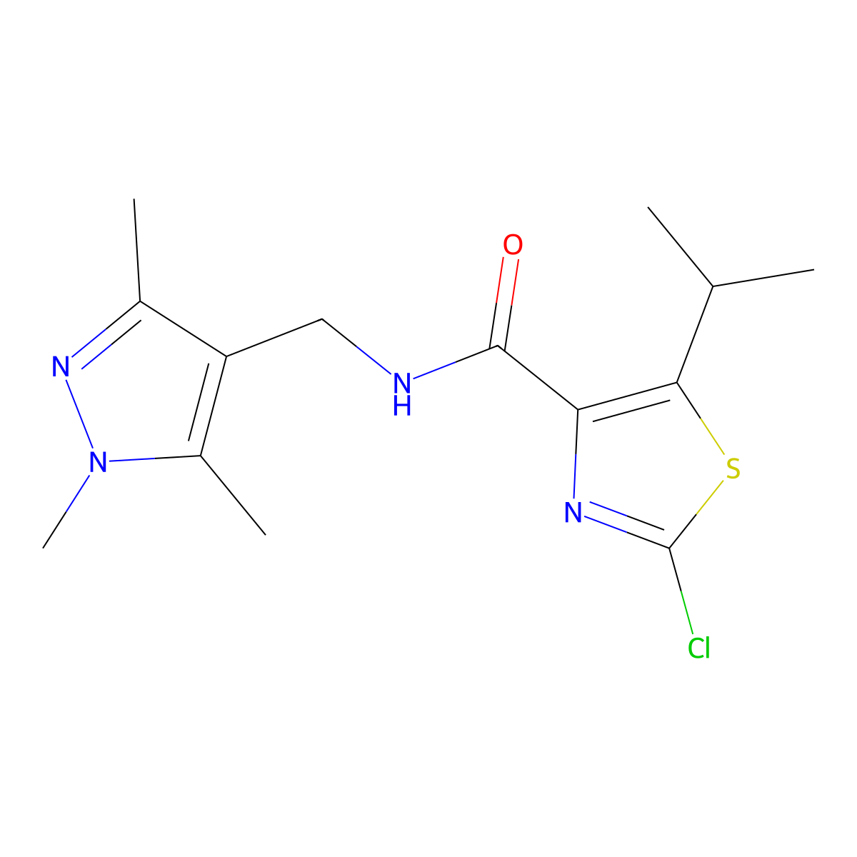 2-chloro-5-(propan-2-yl)-N-[(1,3,5-trimethyl-1H-pyrazol-4-yl)methyl]-1,3-thiazole-4-carboxamide molecular structure, CAS 1574471-24-1