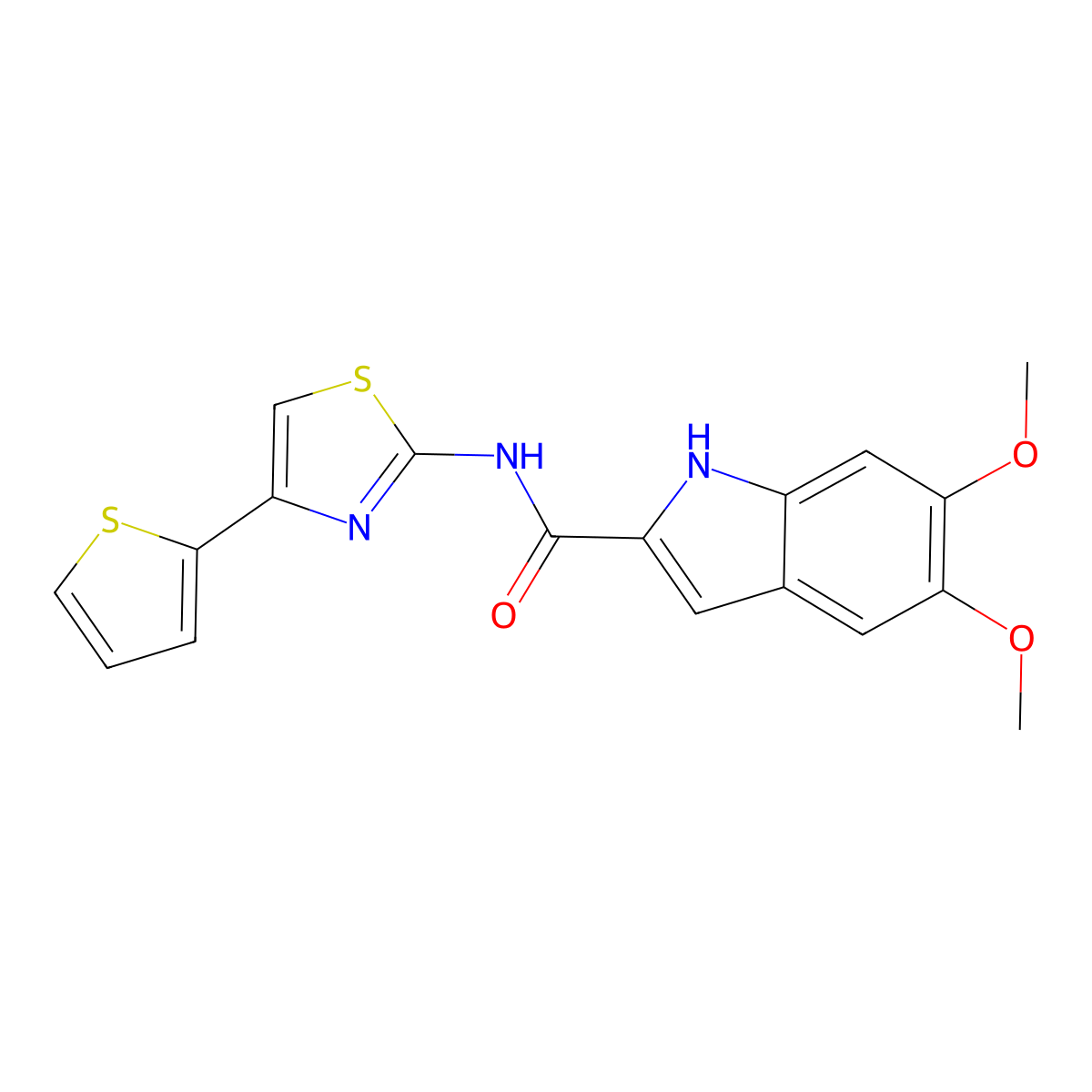 5,6-dimethoxy-N-(4-(thiophen-2-yl)thiazol-2-yl)-1H-indole-2-carboxamide molecular structure, CAS 1574471-60-5