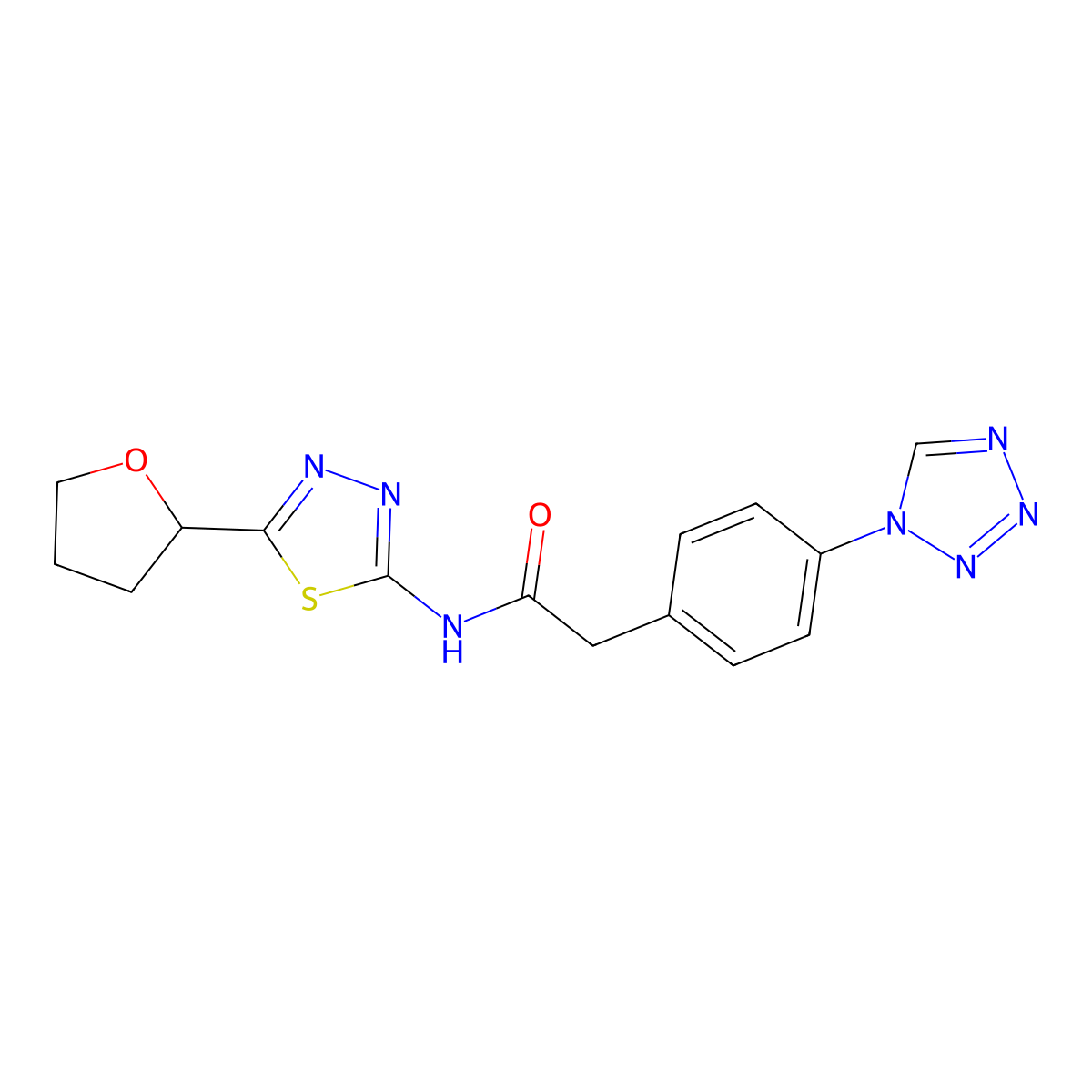 2-(4-(1H-tetrazol-1-yl)phenyl)-N-(5-(tetrahydrofuran-2-yl)-1,3,4-thiadiazol-2-yl)acetamide molecular structure, CAS 1574471-85-4