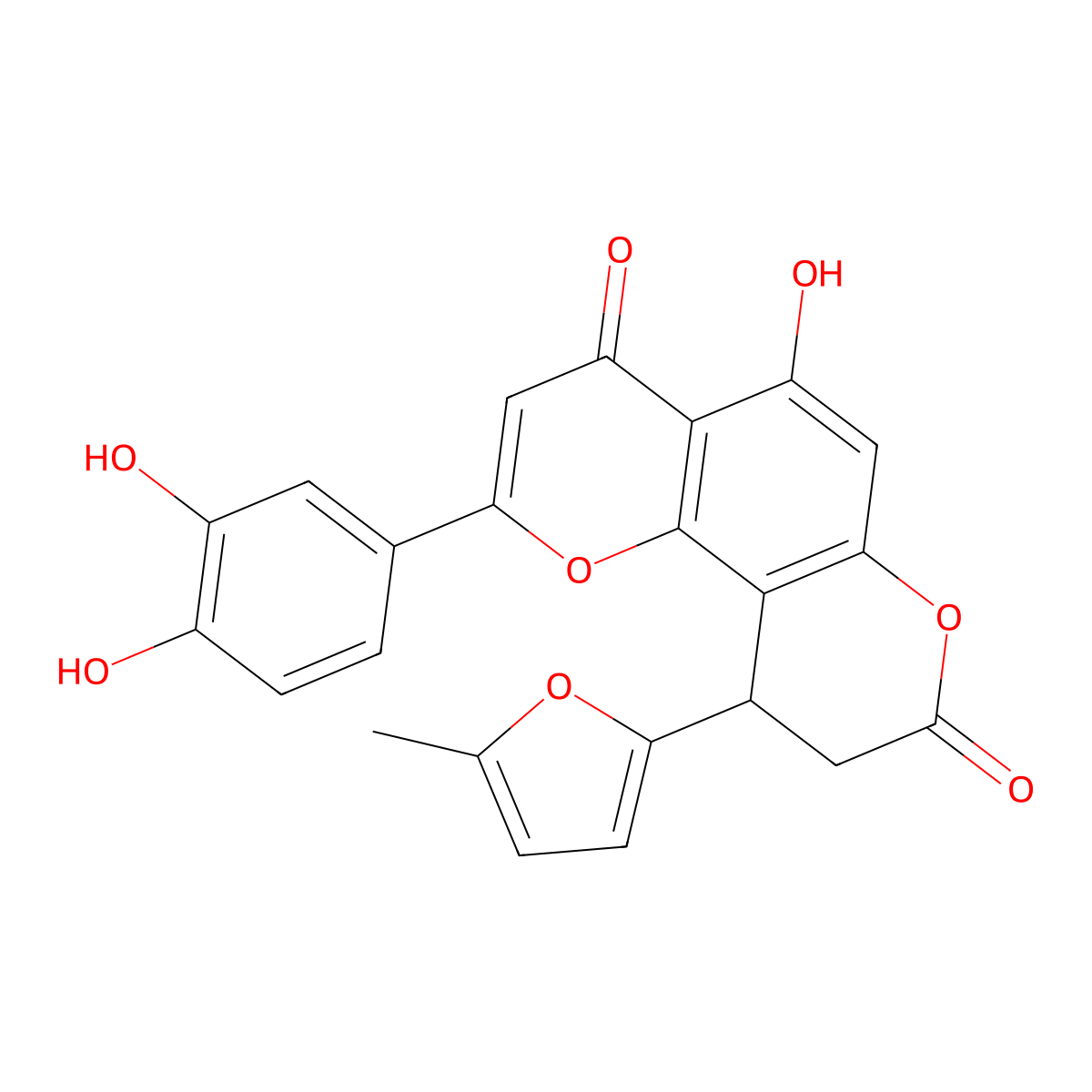2-(3,4-Dihydroxyphenyl)-5-hydroxy-10-(5-methylfuran-2-yl)-9,10-dihydropyrano[2,3-f]chromene-4,8-dione molecular structure, CAS 1574471-88-7