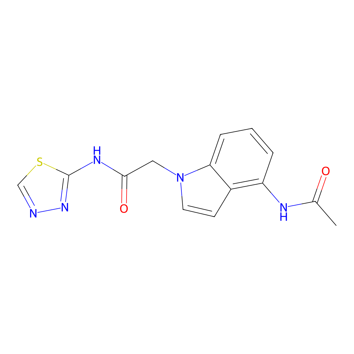 2-(4-acetamido-1H-indol-1-yl)-N-(1,3,4-thiadiazol-2-yl)acetamide molecular structure, CAS 1574471-99-0