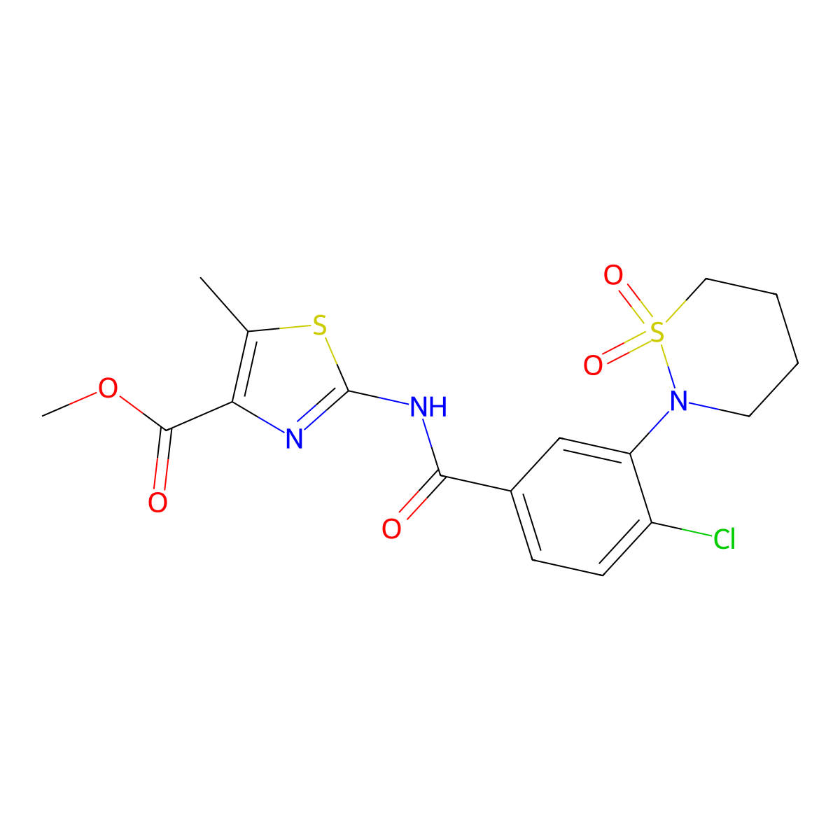 Methyl 2-({[4-chloro-3-(1,1-dioxido-1,2-thiazinan-2-yl)phenyl]carbonyl}amino)-5-methyl-1,3-thiazole-4-carboxylate molecular structure, CAS 1574472-19-7