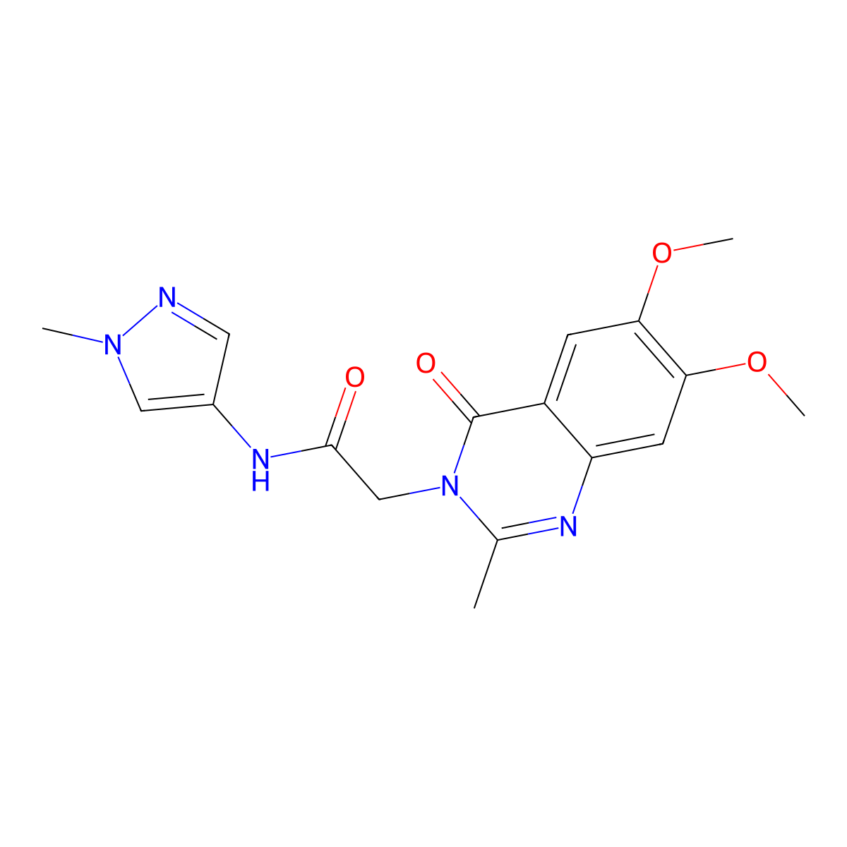 2-(6,7-dimethoxy-2-methyl-4-oxoquinazolin-3(4H)-yl)-N-(1-methyl-1H-pyrazol-4-yl)acetamide molecular structure, CAS 1574472-60-8