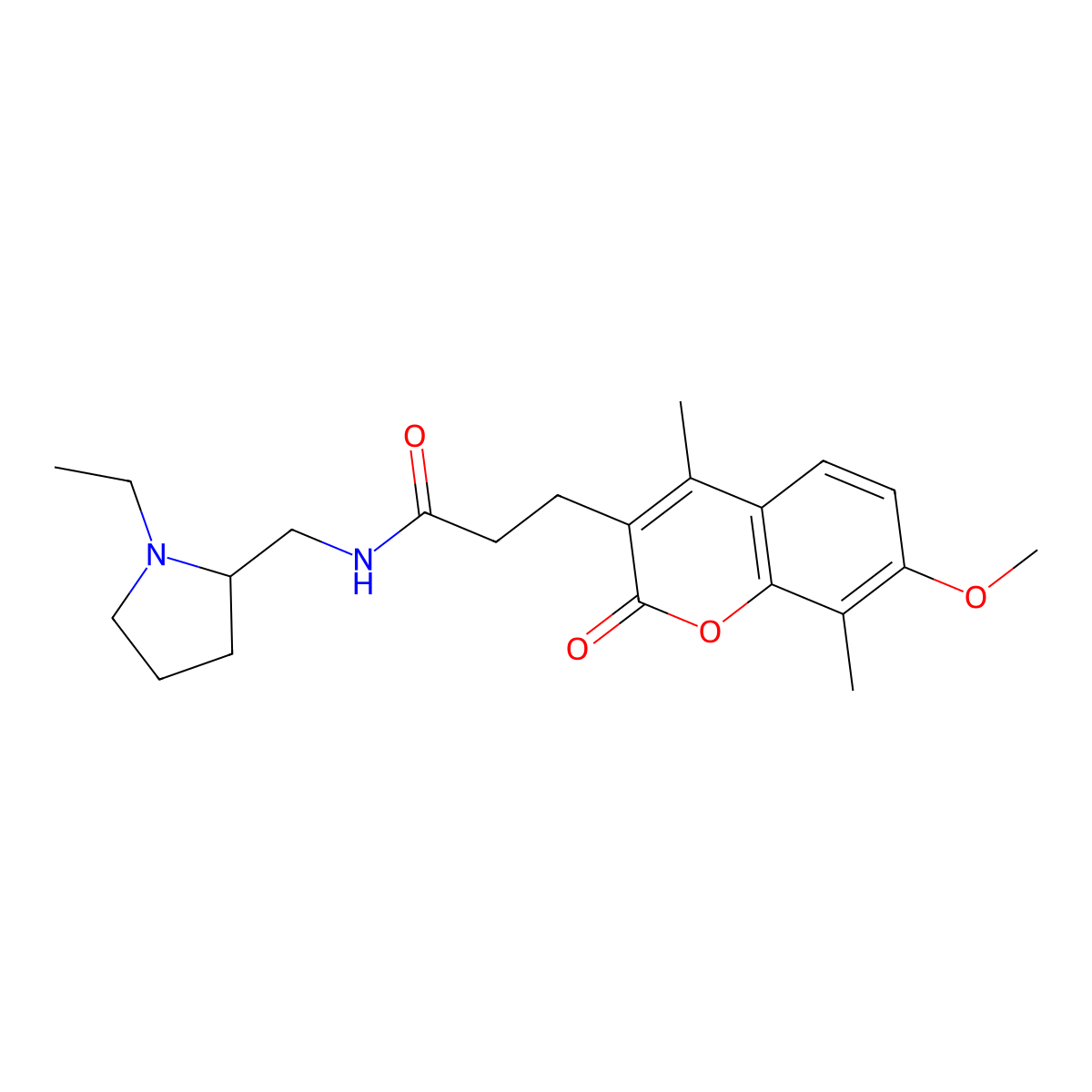 N-[(1-ethylpyrrolidin-2-yl)methyl]-3-(7-methoxy-4,8-dimethyl-2-oxo-2H-chromen-3-yl)propanamide molecular structure, CAS 1574474-30-8