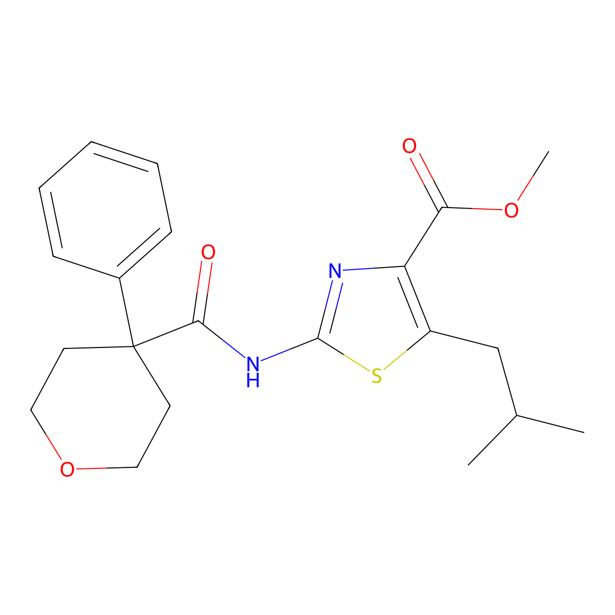 methyl 5-(2-methylpropyl)-2-{[(4-phenyltetrahydro-2H-pyran-4-yl)carbonyl]amino}-1,3-thiazole-4-carboxylate molecular structure, CAS 1574474-31-9