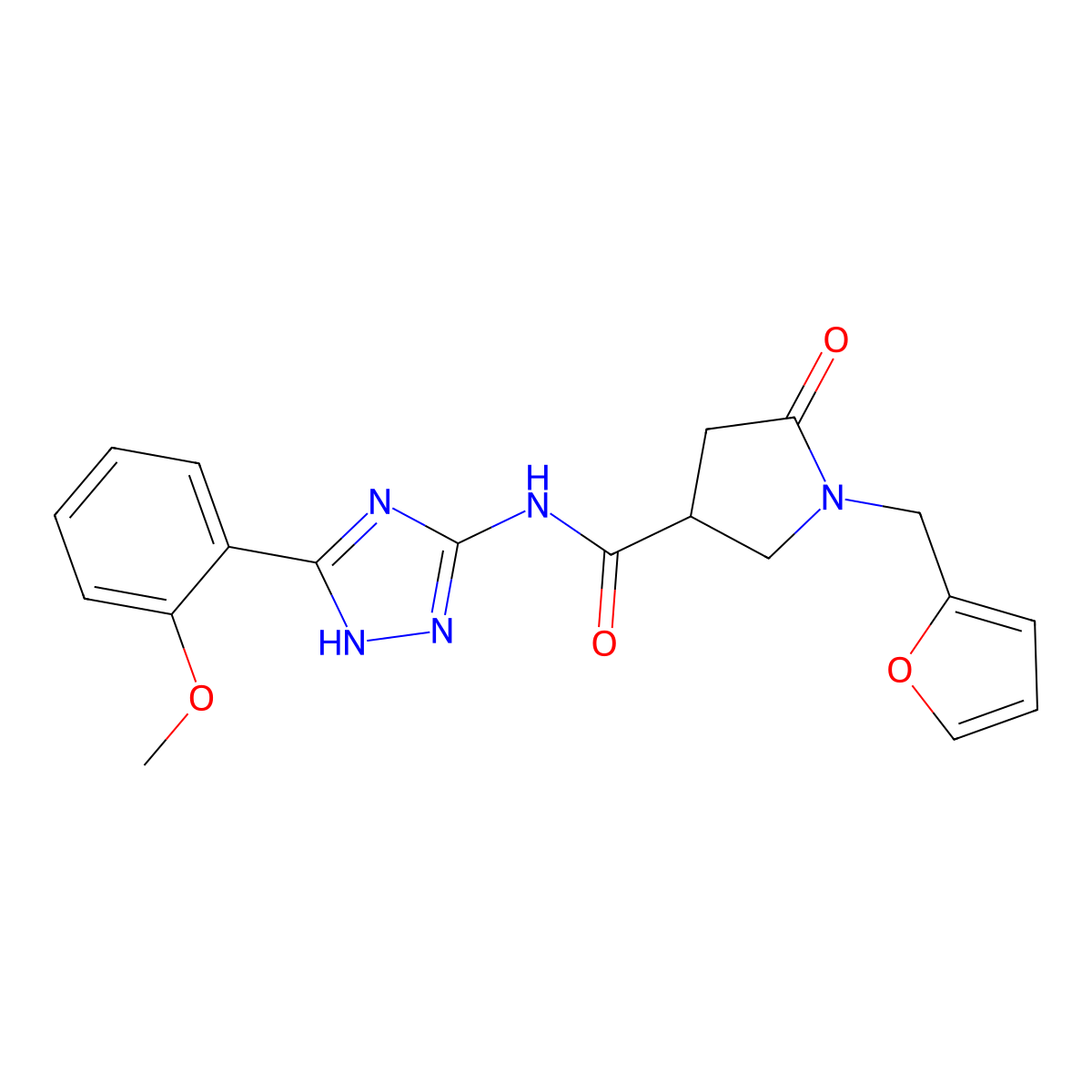 1-(furan-2-ylmethyl)-N-[3-(2-methoxyphenyl)-1H-1,2,4-triazol-5-yl]-5-oxopyrrolidine-3-carboxamide molecular structure, CAS 1574477-54-5