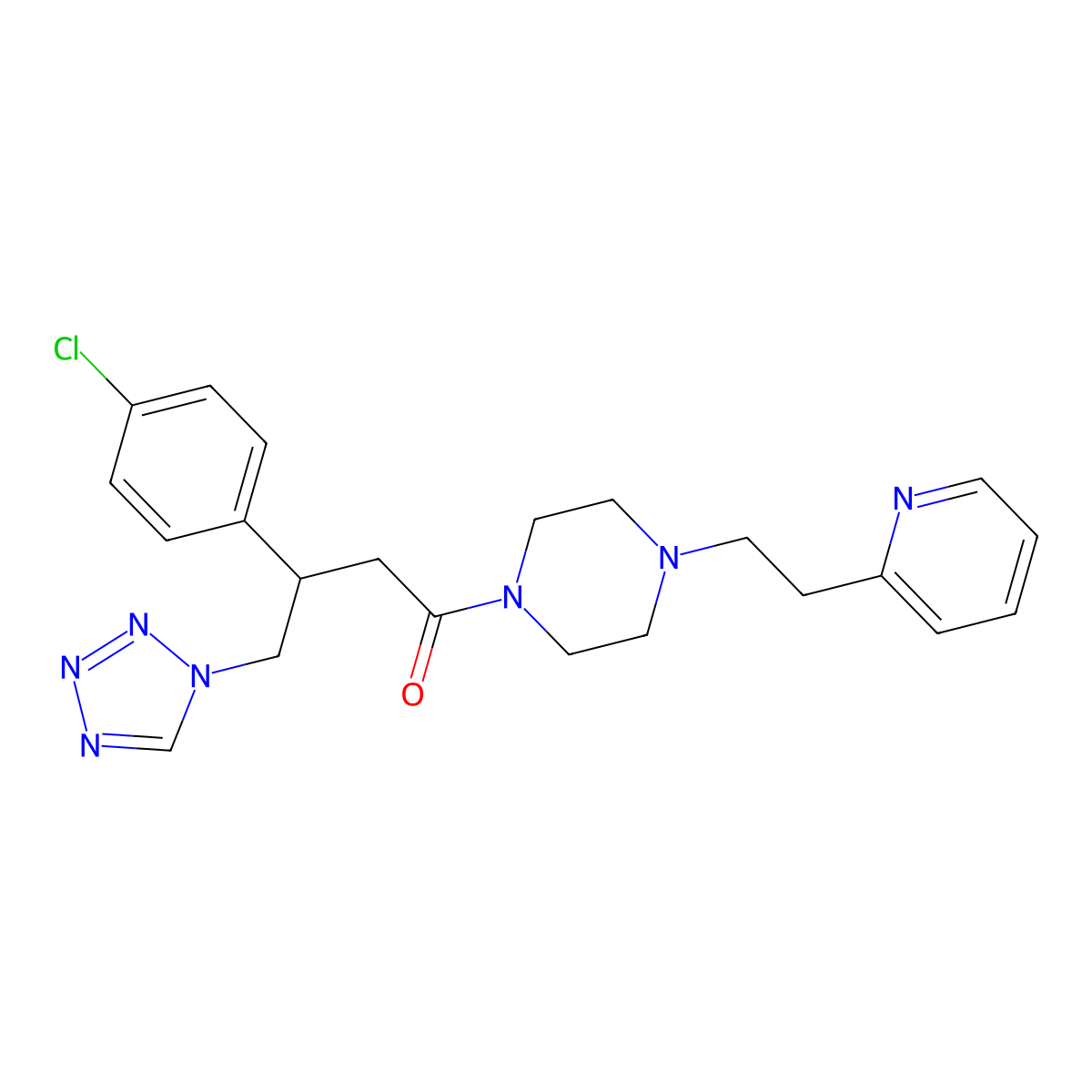 3-(4-chlorophenyl)-1-{4-[2-(pyridin-2-yl)ethyl]piperazin-1-yl}-4-(1H-tetrazol-1-yl)butan-1-one molecular structure, CAS 1574478-54-8