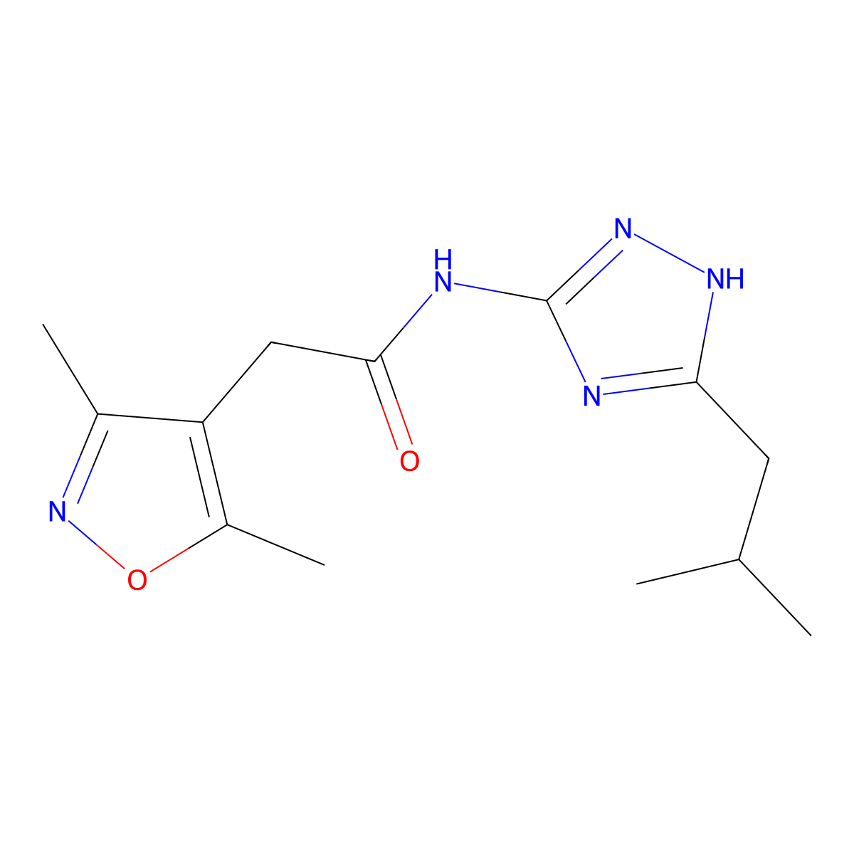 2-(3,5-dimethyl-1,2-oxazol-4-yl)-N-[5-(2-methylpropyl)-4H-1,2,4-triazol-3-yl]acetamide molecular structure, CAS 1574478-79-7