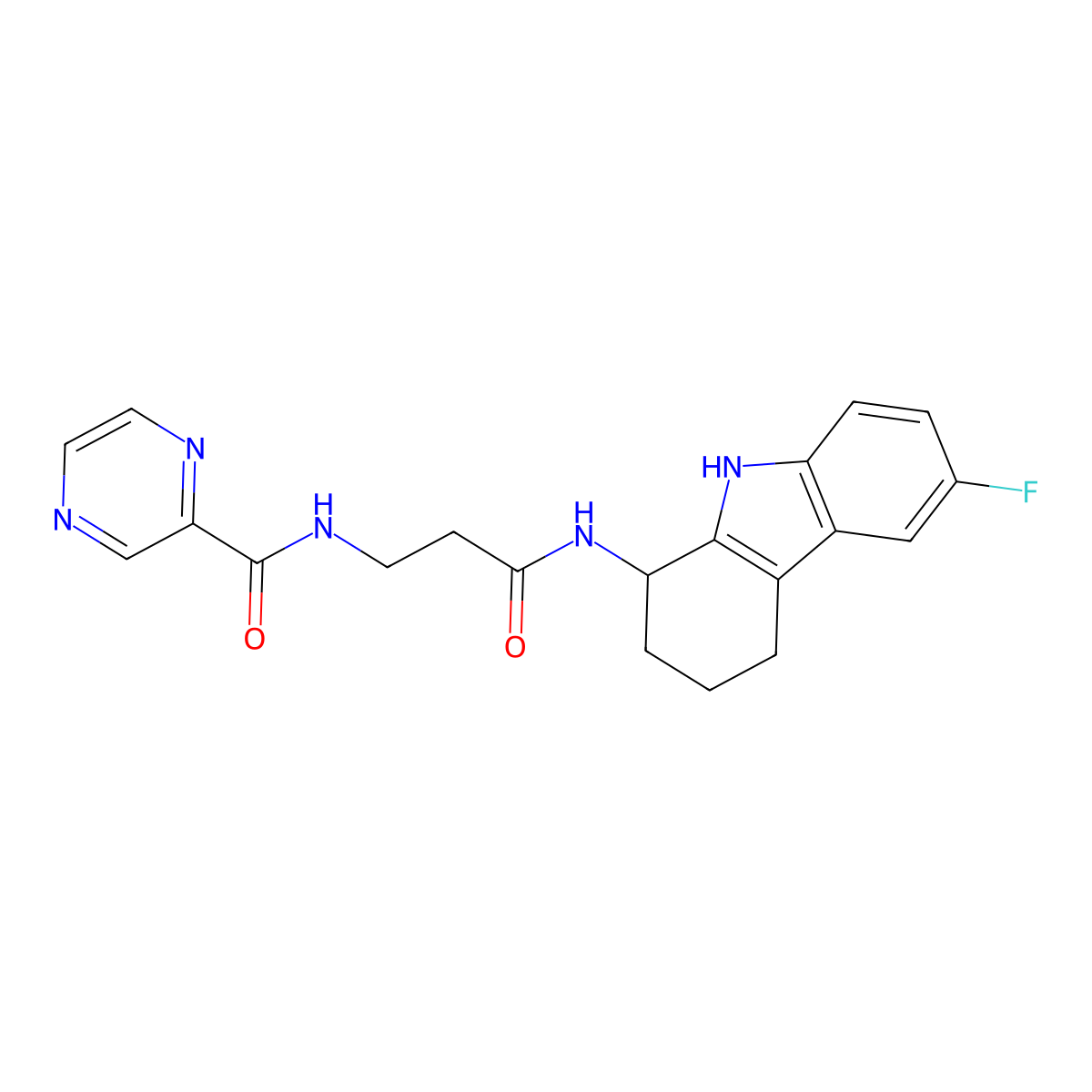 N-(3-((6-fluoro-2,3,4,9-tetrahydro-1H-carbazol-1-yl)amino)-3-oxopropyl)pyrazine-2-carboxamide molecular structure, CAS 1574479-15-4