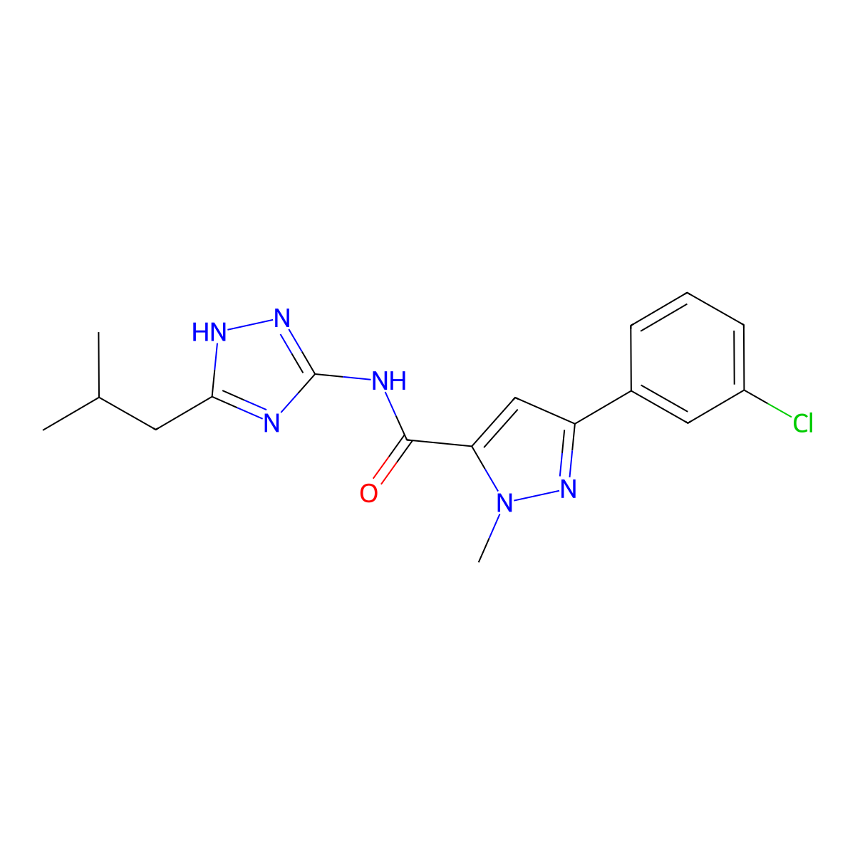 3-(3-chlorophenyl)-1-methyl-N-[3-(2-methylpropyl)-1H-1,2,4-triazol-5-yl]-1H-pyrazole-5-carboxamide molecular structure, CAS 1574479-39-2