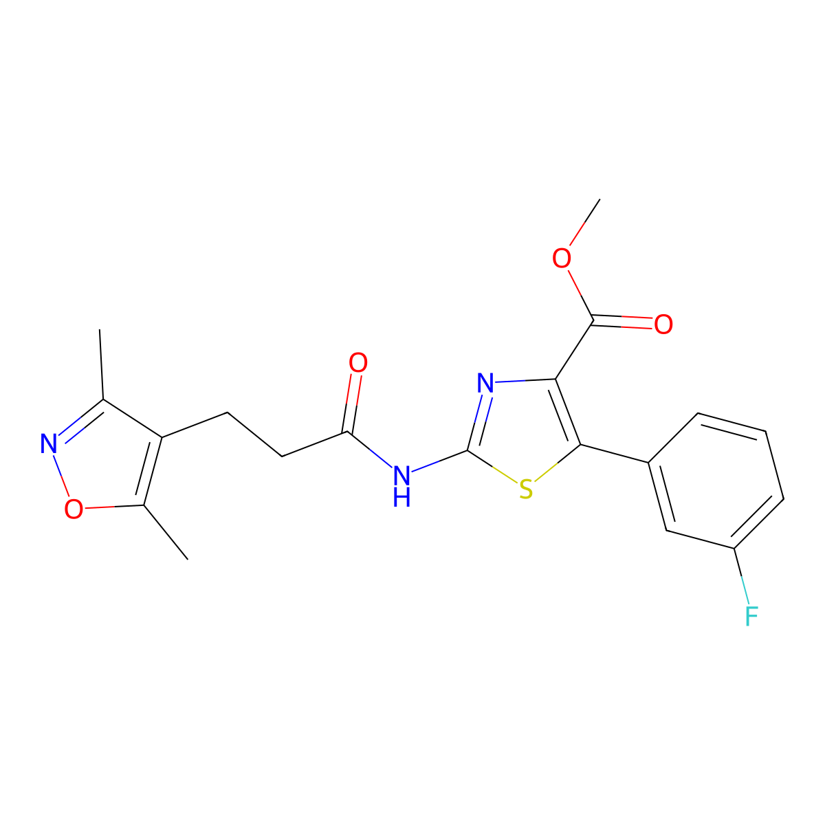 Methyl 2-{[3-(3,5-dimethyl-1,2-oxazol-4-yl)propanoyl]amino}-5-(3-fluorophenyl)-1,3-thiazole-4-carboxylate molecular structure, CAS 1574479-93-8