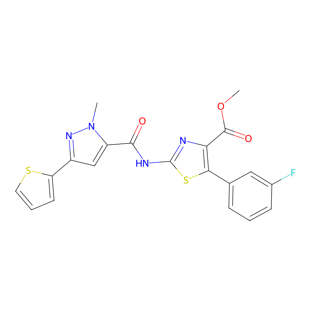methyl (2Z)-5-(3-fluorophenyl)-2-({[1-methyl-3-(thiophen-2-yl)-1H-pyrazol-5-yl]carbonyl}imino)-2,3-dihydro-1,3-thiazole-4-carboxylate molecular structure, CAS 1574480-27-5