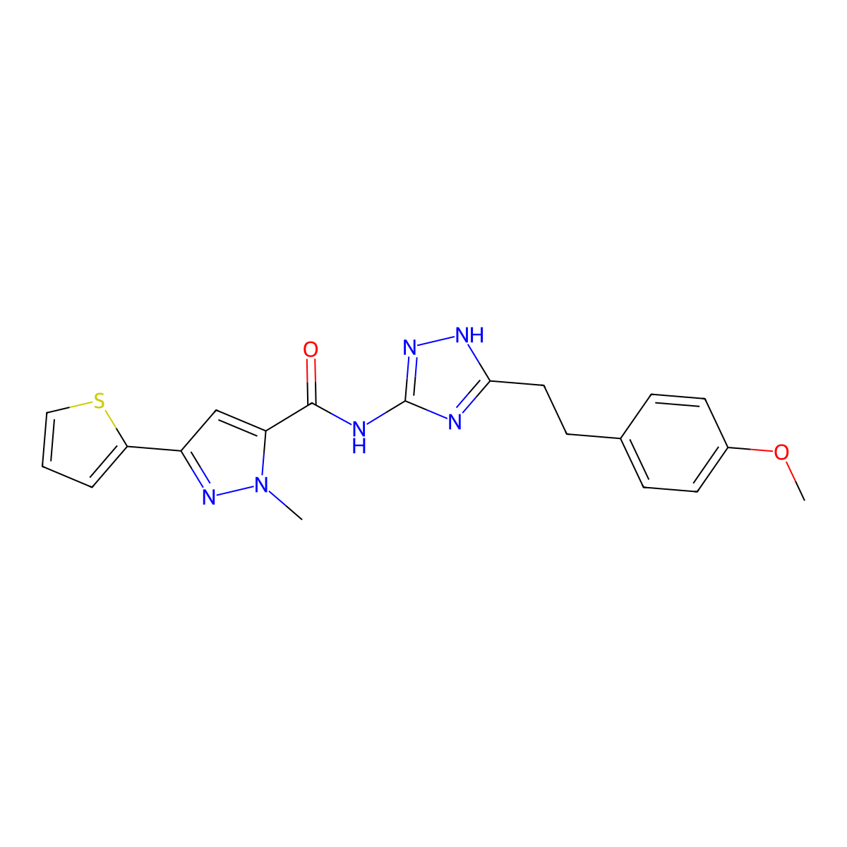 N-{3-[2-(4-methoxyphenyl)ethyl]-1H-1,2,4-triazol-5-yl}-1-methyl-3-(thiophen-2-yl)-1H-pyrazole-5-carboxamide molecular structure, CAS 1574480-80-0