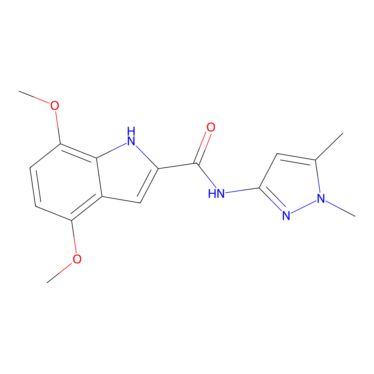 N-(1,5-dimethyl-1H-pyrazol-3-yl)-4,7-dimethoxy-1H-indole-2-carboxamide molecular structure, CAS 1574480-86-6