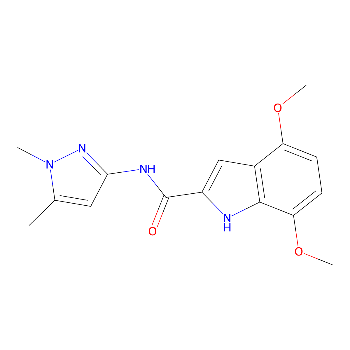N-(1,5-dimethyl-1H-pyrazol-3-yl)-4,7-dimethoxy-1H-indole-2-carboxamide molecular structure, CAS 1574480-86-6