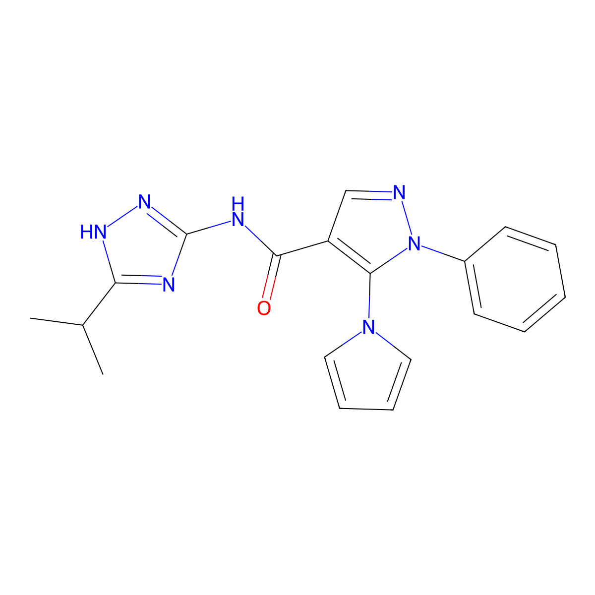 1-phenyl-N-[3-(propan-2-yl)-1H-1,2,4-triazol-5-yl]-5-(1H-pyrrol-1-yl)-1H-pyrazole-4-carboxamide molecular structure, CAS 1574481-31-4