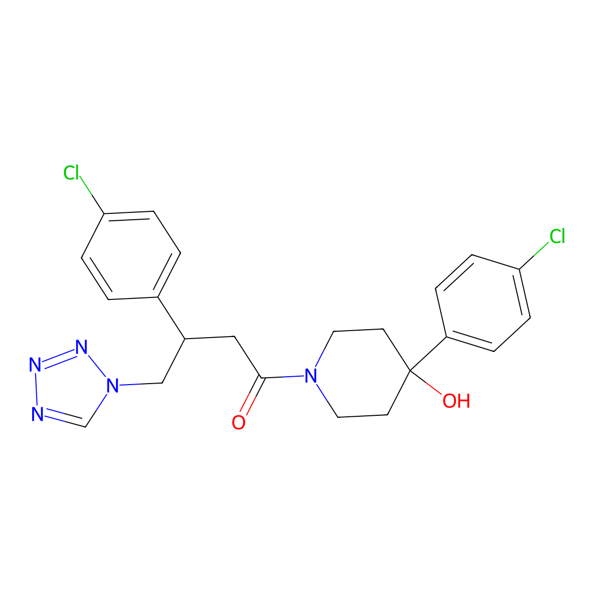 3-(4-chlorophenyl)-1-[4-(4-chlorophenyl)-4-hydroxypiperidin-1-yl]-4-(1H-tetrazol-1-yl)butan-1-one molecular structure, CAS 1574481-75-6