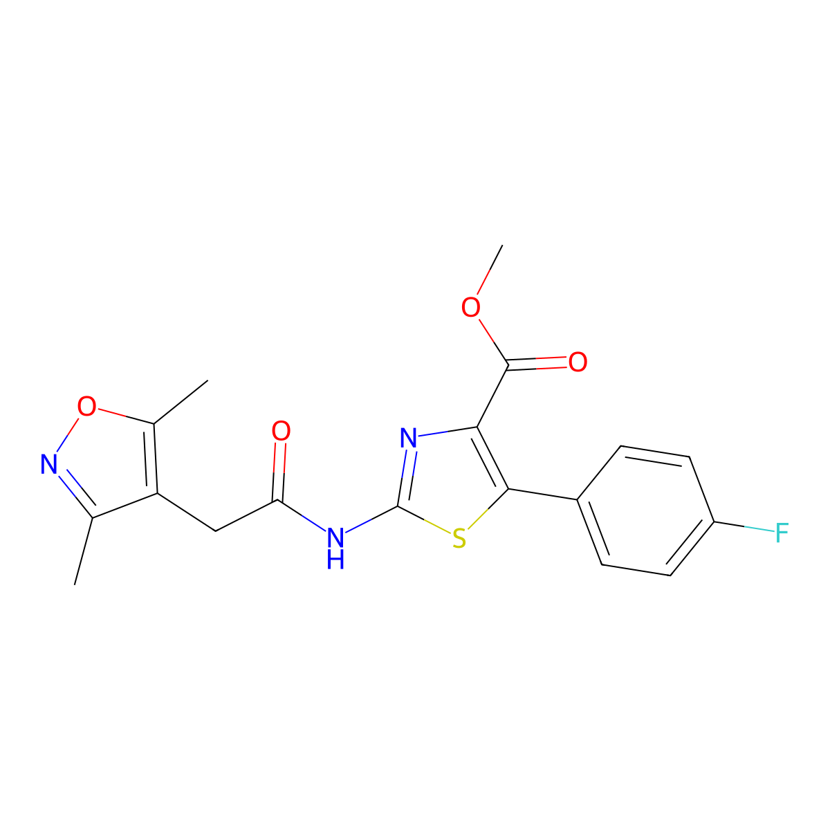 Methyl 2-{[(3,5-dimethyl-1,2-oxazol-4-yl)acetyl]amino}-5-(4-fluorophenyl)-1,3-thiazole-4-carboxylate molecular structure, CAS 1574481-83-6