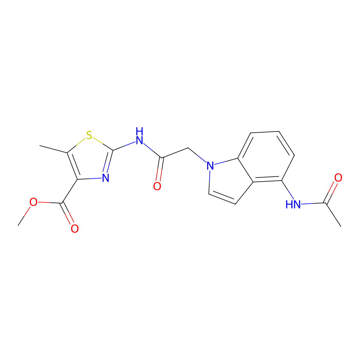methyl 2-({[4-(acetylamino)-1H-indol-1-yl]acetyl}amino)-5-methyl-1,3-thiazole-4-carboxylate molecular structure, CAS 1574481-87-0