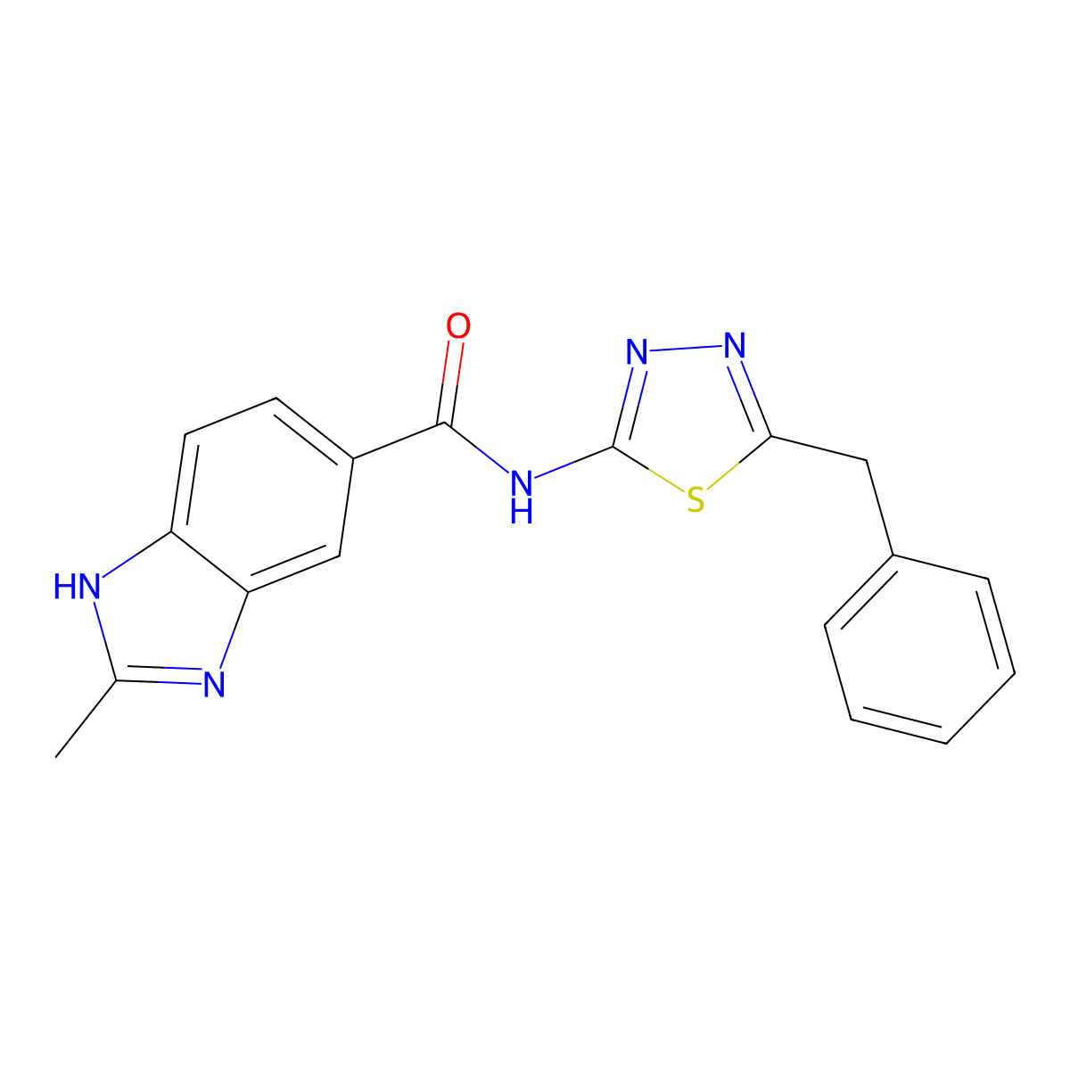 N-(5-benzyl-1,3,4-thiadiazol-2-yl)-2-methyl-1H-benzimidazole-5-carboxamide molecular structure, CAS 1574482-02-2