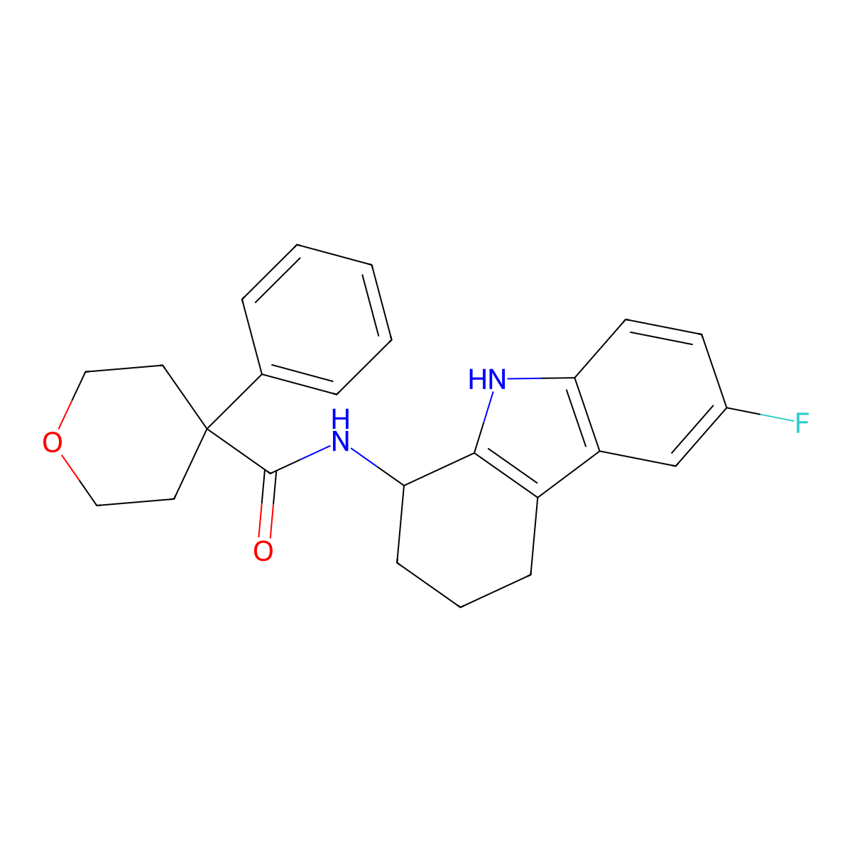 N-(6-fluoro-2,3,4,9-tetrahydro-1H-carbazol-1-yl)-4-phenyltetrahydro-2H-pyran-4-carboxamide molecular structure, CAS 1574482-22-6