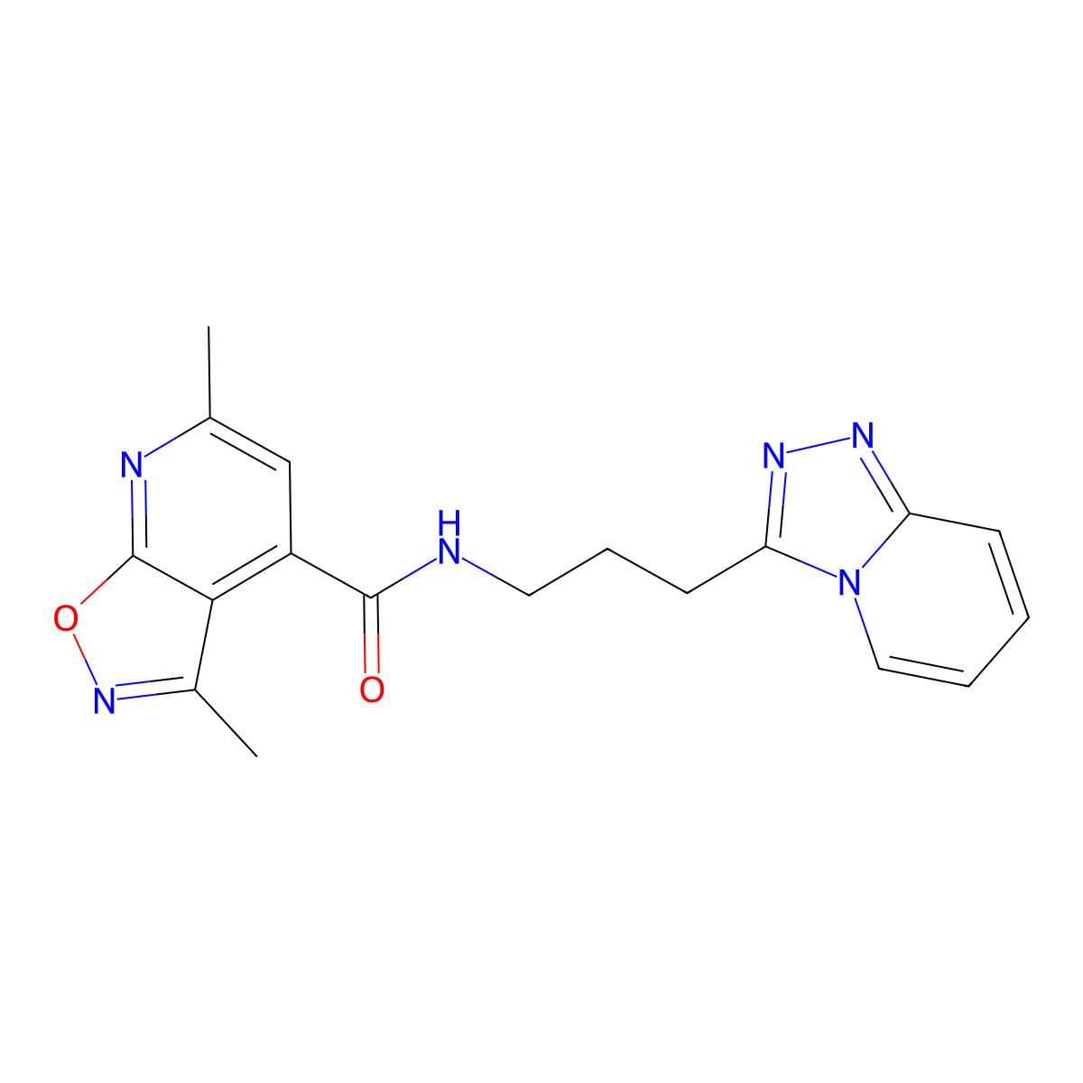 3,6-dimethyl-N-[3-([1,2,4]triazolo[4,3-a]pyridin-3-yl)propyl][1,2]oxazolo[5,4-b]pyridine-4-carboxamide molecular structure, CAS 1574482-39-5