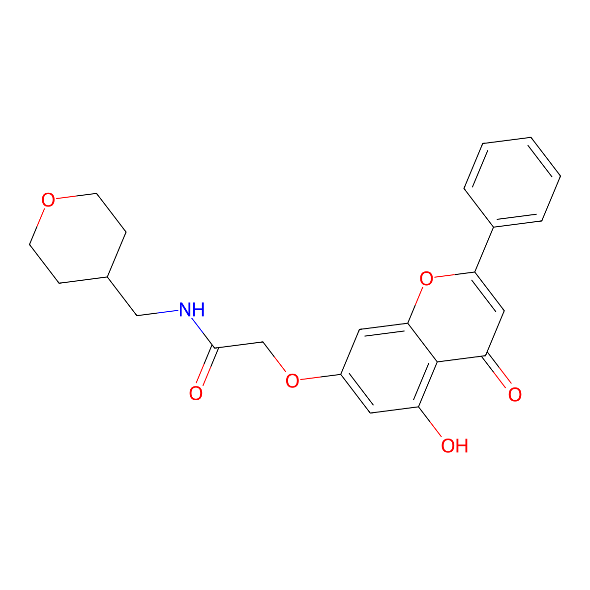 2-[(5-hydroxy-4-oxo-2-phenyl-4H-chromen-7-yl)oxy]-N-(tetrahydro-2H-pyran-4-ylmethyl)acetamide molecular structure, CAS 1574482-42-0