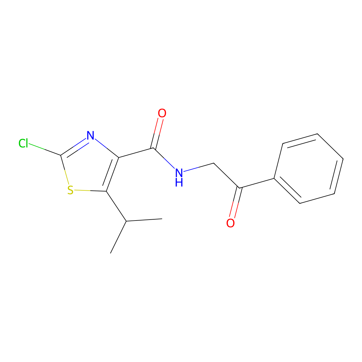 2-chloro-N-(2-oxo-2-phenylethyl)-5-(propan-2-yl)-1,3-thiazole-4-carboxamide molecular structure, CAS 1574482-58-8
