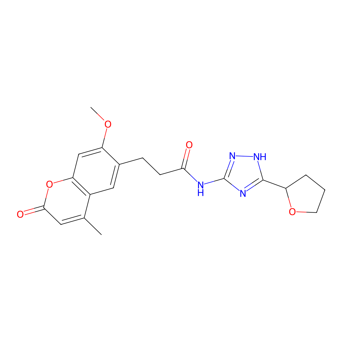 3-(7-methoxy-4-methyl-2-oxo-2H-chromen-6-yl)-N-[3-(tetrahydrofuran-2-yl)-1H-1,2,4-triazol-5-yl]propanamide molecular structure, CAS 1574482-98-6