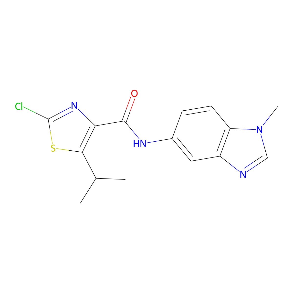 2-chloro-N-(1-methyl-1H-benzimidazol-5-yl)-5-(propan-2-yl)-1,3-thiazole-4-carboxamide molecular structure, CAS 1574483-60-5