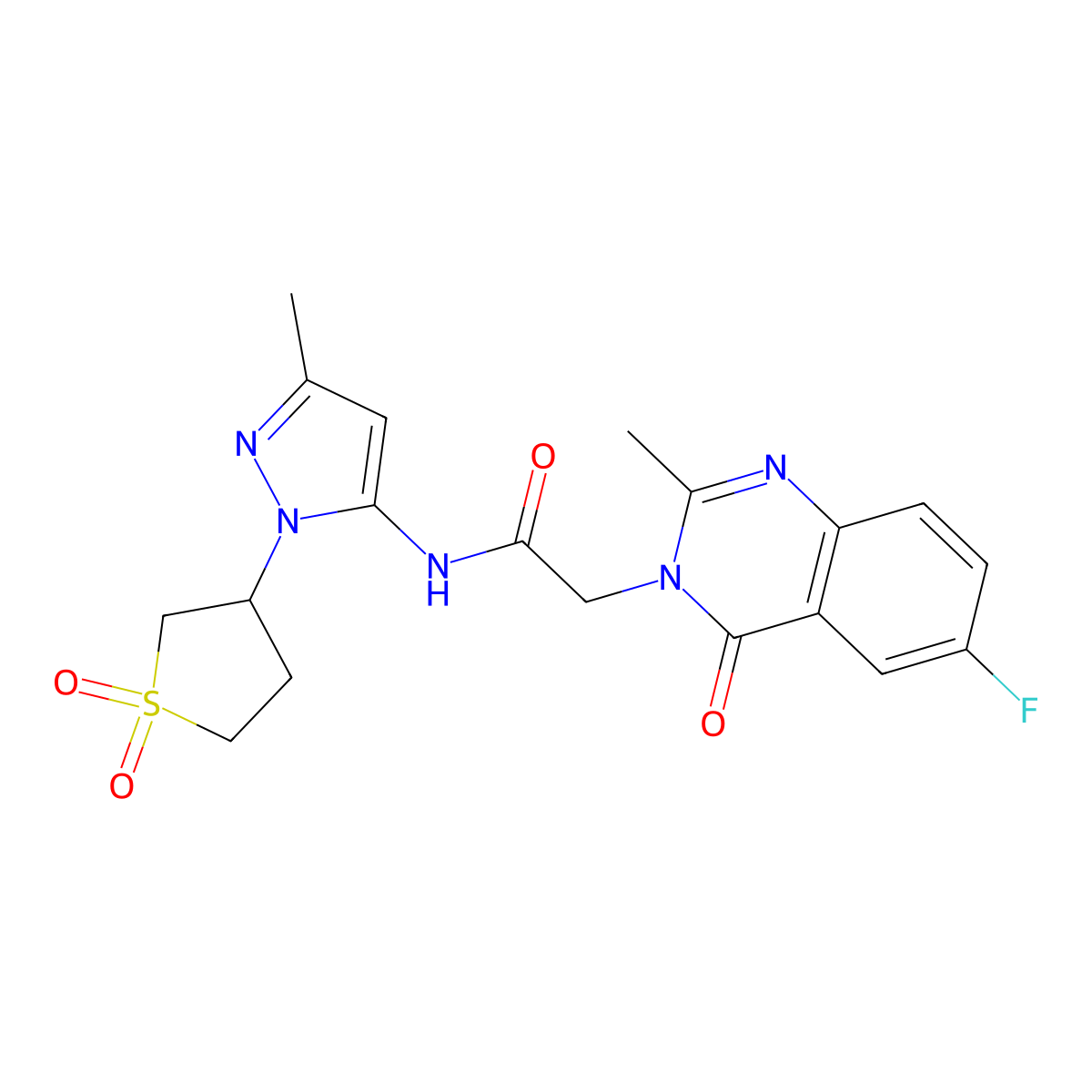 N-[1-(1,1-dioxidotetrahydrothiophen-3-yl)-3-methyl-1H-pyrazol-5-yl]-2-(6-fluoro-2-methyl-4-oxoquinazolin-3(4H)-yl)acetamide molecular structure, CAS 1574483-69-4
