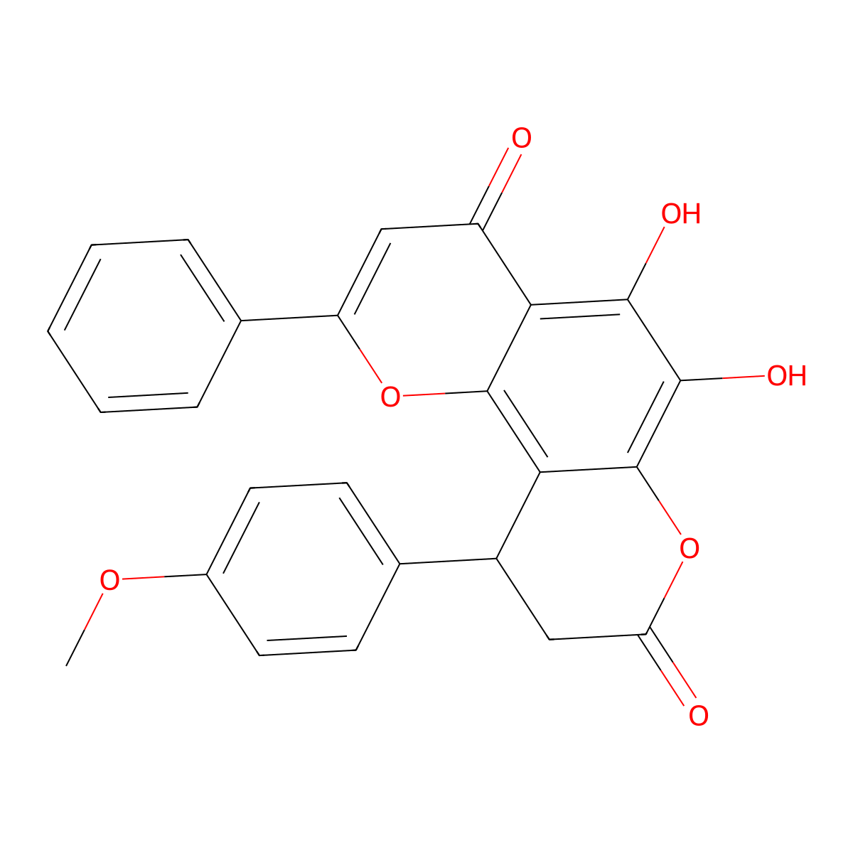 5,6-dihydroxy-10-(4-methoxyphenyl)-2-phenyl-9,10-dihydro-4H,8H-pyrano[2,3-f]chromene-4,8-dione molecular structure, CAS 1574484-25-5