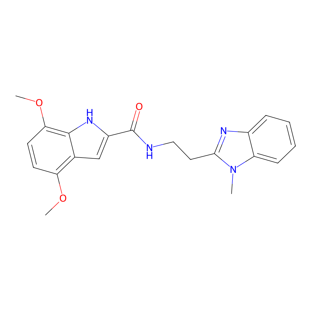 4,7-dimethoxy-N-[2-(1-methyl-1H-benzimidazol-2-yl)ethyl]-1H-indole-2-carboxamide molecular structure, CAS 1574484-69-7