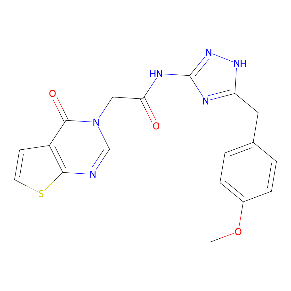 N-[3-(4-methoxybenzyl)-1H-1,2,4-triazol-5-yl]-2-(4-oxothieno[2,3-d]pyrimidin-3(4H)-yl)acetamide molecular structure, CAS 1574485-36-1