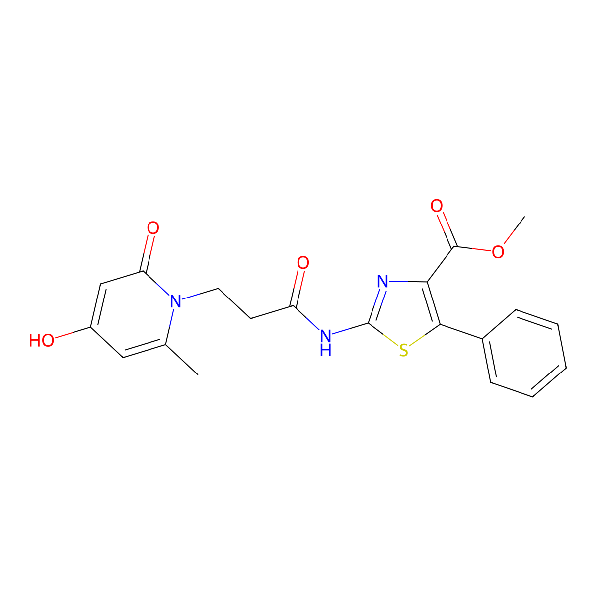 methyl 2-{[3-(4-hydroxy-6-methyl-2-oxopyridin-1(2H)-yl)propanoyl]amino}-5-phenyl-1,3-thiazole-4-carboxylate molecular structure, CAS 1574485-38-3