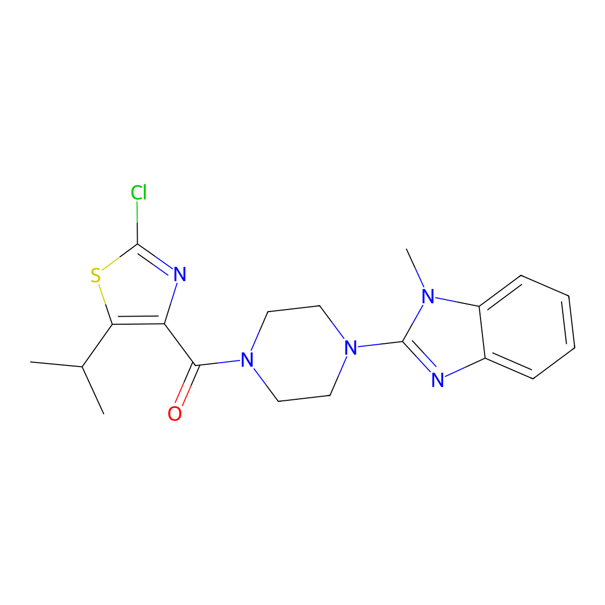 [2-chloro-5-(propan-2-yl)-1,3-thiazol-4-yl][4-(1-methyl-1H-benzimidazol-2-yl)piperazin-1-yl]methanone molecular structure, CAS 1574485-44-1