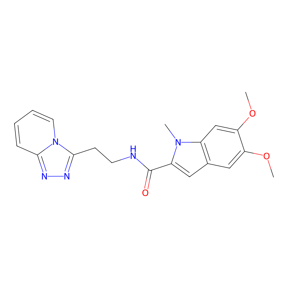 5,6-dimethoxy-1-methyl-N-[2-([1,2,4]triazolo[4,3-a]pyridin-3-yl)ethyl]-1H-indole-2-carboxamide molecular structure, CAS 1574485-47-4