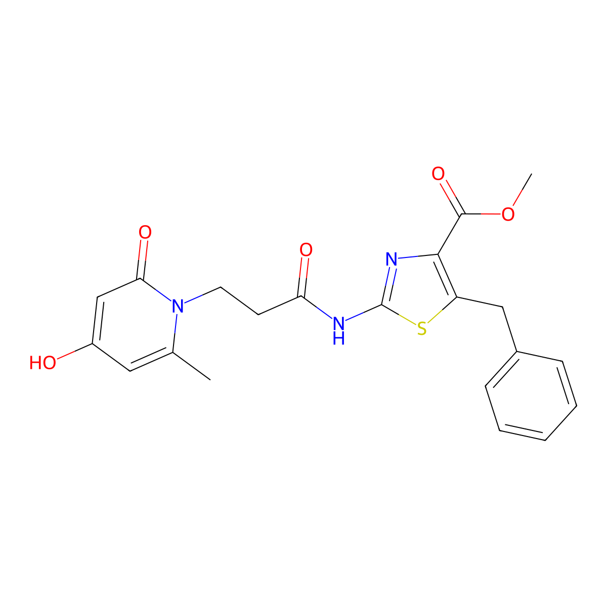 methyl 5-benzyl-2-{[3-(4-hydroxy-6-methyl-2-oxopyridin-1(2H)-yl)propanoyl]amino}-1,3-thiazole-4-carboxylate molecular structure, CAS 1574492-55-9