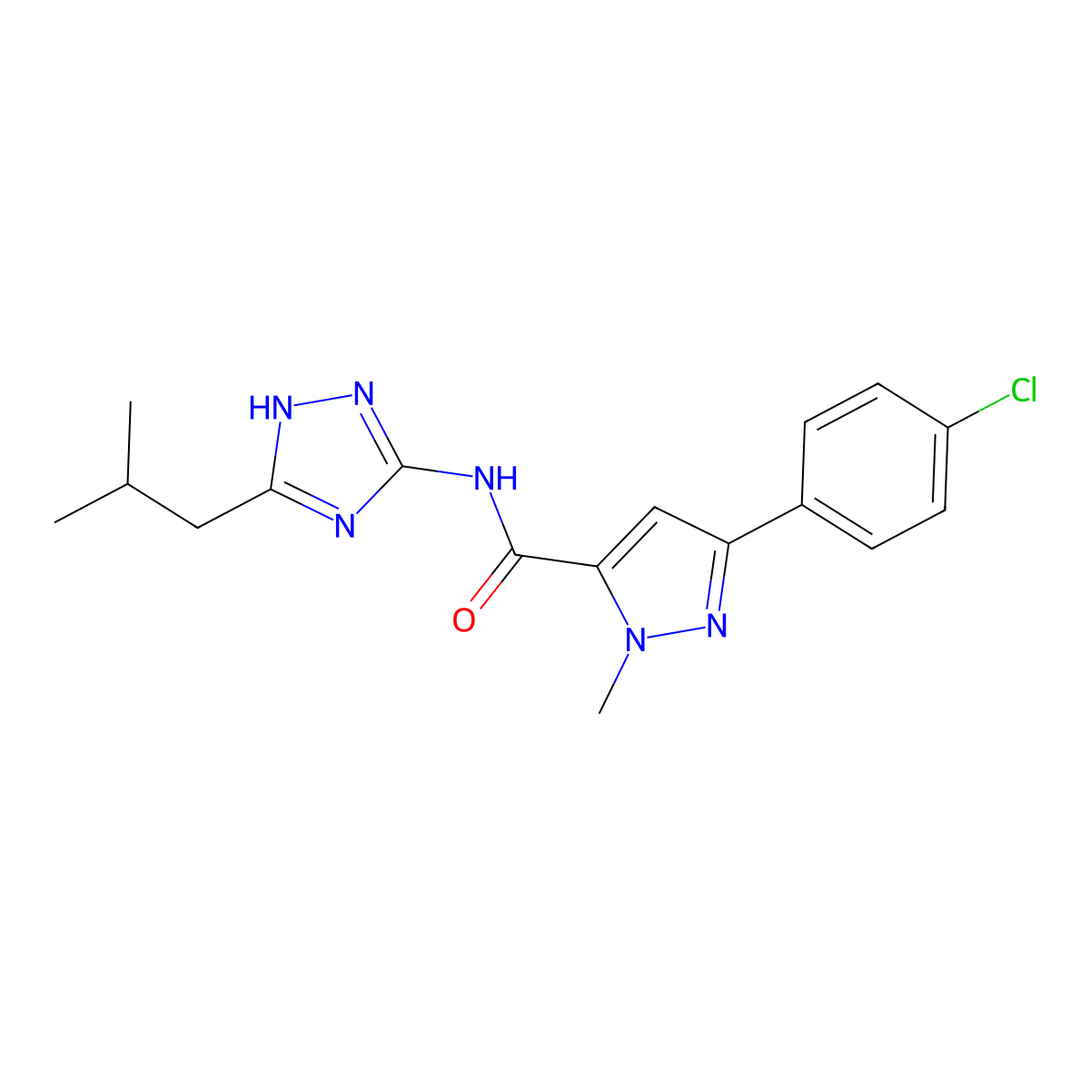 3-(4-chlorophenyl)-1-methyl-N-[3-(2-methylpropyl)-1H-1,2,4-triazol-5-yl]-1H-pyrazole-5-carboxamide molecular structure, CAS 1574492-62-8