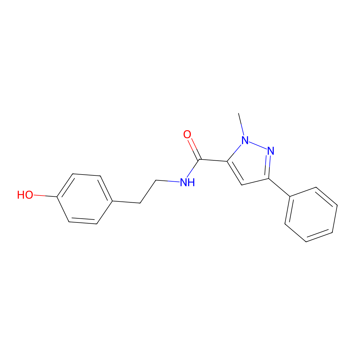 N-[2-(4-hydroxyphenyl)ethyl]-1-methyl-3-phenyl-1H-pyrazole-5-carboxamide molecular structure, CAS 1574492-78-6
