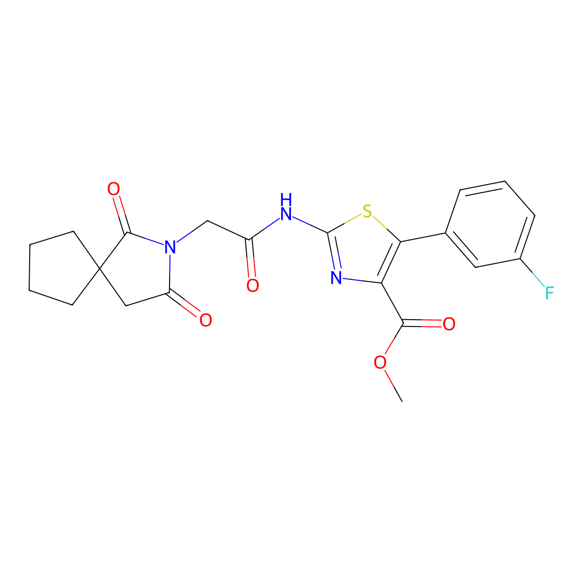 methyl (2Z)-2-{[(1,3-dioxo-2-azaspiro[4.4]non-2-yl)acetyl]imino}-5-(3-fluorophenyl)-2,3-dihydro-1,3-thiazole-4-carboxylate molecular structure, CAS 1574492-88-8
