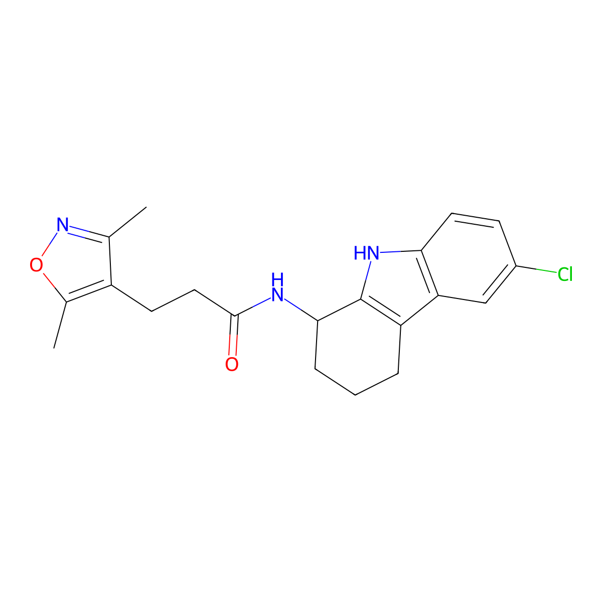 N-(6-chloro-2,3,4,9-tetrahydro-1H-carbazol-1-yl)-3-(3,5-dimethylisoxazol-4-yl)propanamide molecular structure, CAS 1574493-19-8